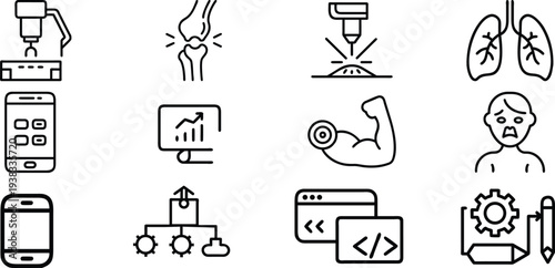 Collection of various line icons representing technology and healthcare