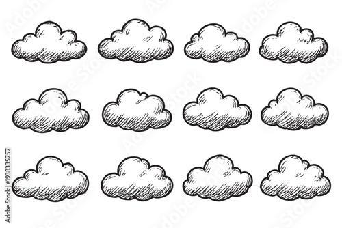 Seamless pattern with hand-drawn clouds in black and white provides a clean, minimalist feel, perfect for backgrounds, textiles, or weather-related designs.