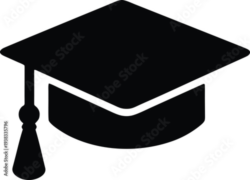 Graduation college, high school or university cap icon with tassel. Vector degree ceremony hat, student achievement, black educational student symbol. Editable and scalable vector