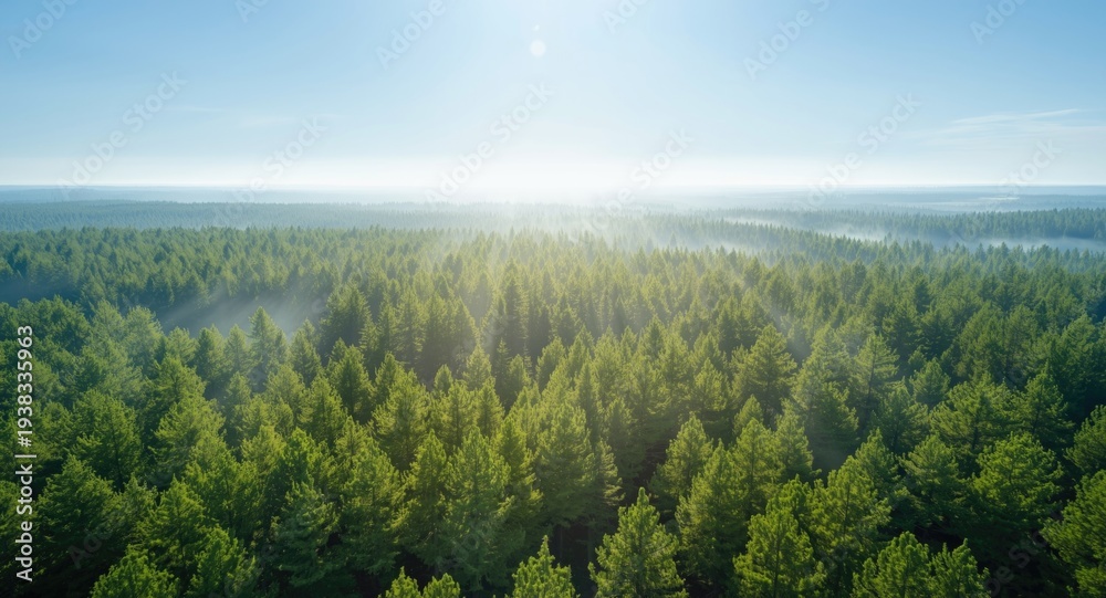 Fototapeta premium Elevated shot of abundant pine forest with fresh morning brightness natural scenery background