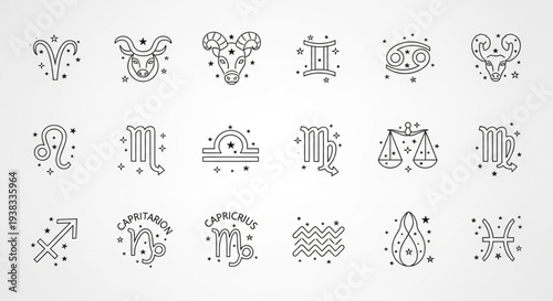 Collection of Zodiac Constellation Symbols and Astrology Icons.