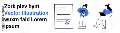 Two characters, one holding a question mark by a contract, another using a laptop. Ideal for business, technology, contracts, inquiries, agreements, communication, digital workflows. Landing page