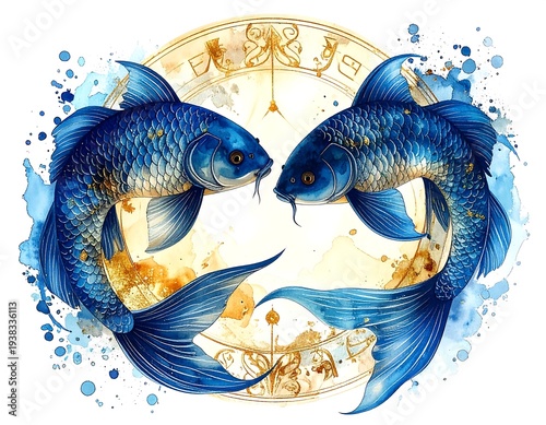 Two blue fish swim face to face around a golden zodiac circle, watercolor style
