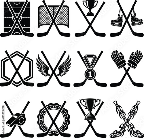 Hockey Sticks Crossed Bold Icon Set Vector Black White Sport Illustration Decorative Badge Collection Game Equipment