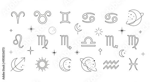 Collection of Zodiac Constellation Symbols and Celestial Elements.