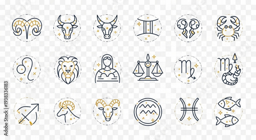 Collection of Zodiac Signs and Symbols in Circular Icons.