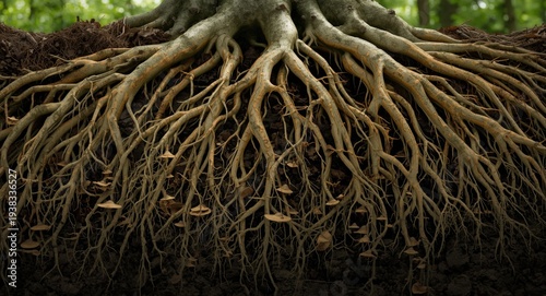 Dense network of tree roots and mycorrhizal fungi underground supporting efficient water uptake