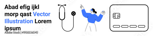 Stethoscope, VR headset-wearing individual pointing, payment card. Ideal for healthcare, technology, finance, modern solutions, virtual reality advancements, online payments digital innovation