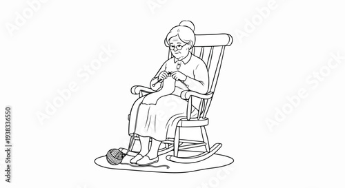 Grandmother Knitting in Rocking Chair - Senior Woman Leisure and Hobby Line Art