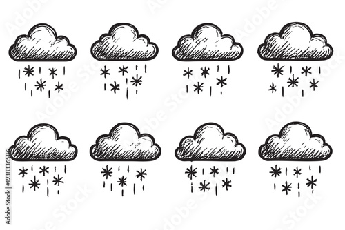 Eight hand-drawn cloud icons with snowflakes falling depicted in a sketchy style on a white background, suitable for weather reports, infographics or design elements.