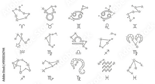 Collection of Zodiac Constellations and Symbols.