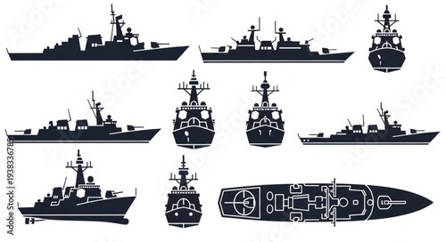 Collection of Various Naval Warships Silhouettes.
