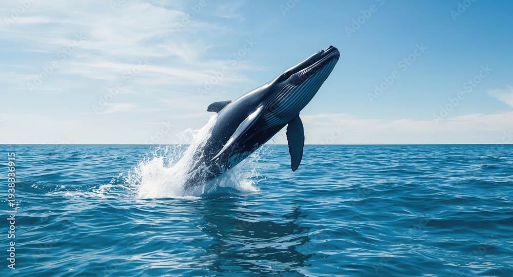 Obraz premium Animated whale jumping high above clear ocean water in summer light