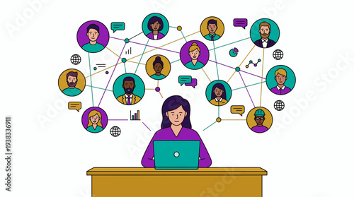 Female office worker connecting with diverse global team members via a digital network, concept for remote communication strategy, business collaboration and distributed workforce management