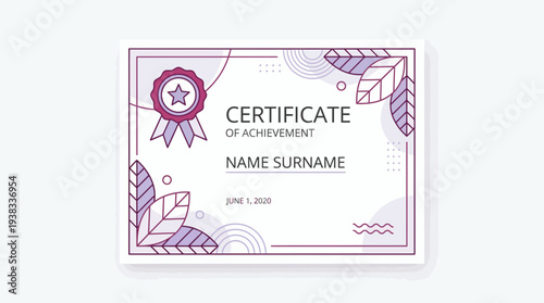 Modern certificate of achievement template with purple line art decorations and star ribbon, concept for corporate awards design, official recognition documents and training completion announcements