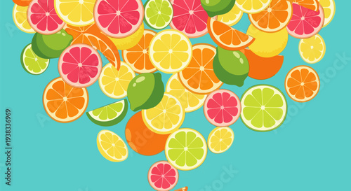 Colorful Citrus Fruit Slices Falling on Blue Background Vector