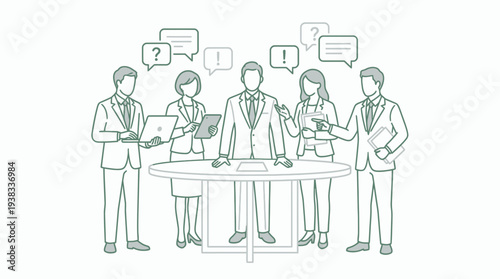Illustration of business executives brainstorming ideas around a table with speech bubbles showing questions and exclamations, concept for team meeting, corporate communication and problem solving