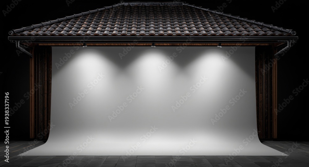 Obraz premium Advertising backdrop with tiled roof overhang and metal gutters enhanced by dramatic lighting and extensive copy space