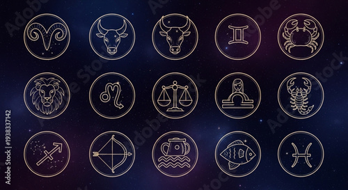 Collection of Zodiac Signs and Astrology Symbols in Circular Frames.