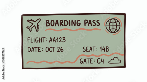 Hand drawn style boarding pass ticket with flight and seat details, concept for travel agency promotion, vacation planning guide and airline marketing