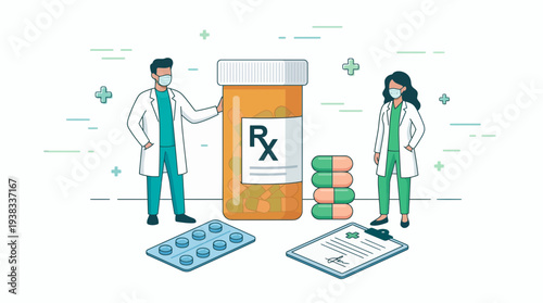 Male and female pharmacists standing by large prescription bottle with medication and clipboard, concept for pharmacy service, healthcare marketing and medical consultation