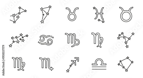 Collection of Zodiac Constellations and Astrological Symbols.