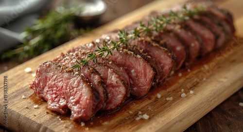 Sliced roast beef cold cuts with thyme and salt seasoning served on a wooden board for a traditional meal