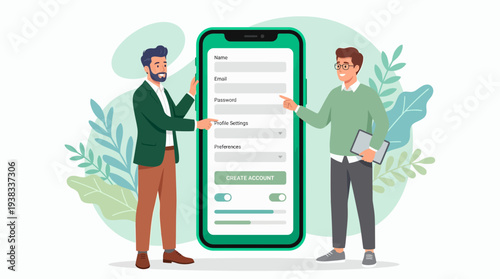 Two businessmen interacting with a mobile application registration form on a giant smartphone screen, concept for web design tutorial, onboarding process and user interface development