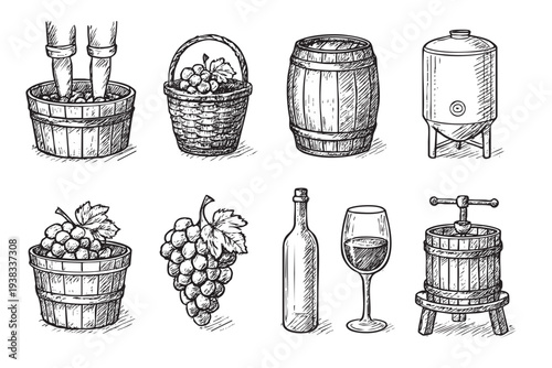 Detailed sketch illustration showcases wine-making equipment, including grape pressing, barrels, and a wine glass, creating a vintage feel suitable for wine-related themes and designs.