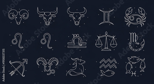 Collection of Zodiac Constellation Symbols and Icons.