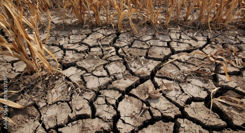 Agricultural stress highlighted by drought damaged corn field with parched earth and cracked soil