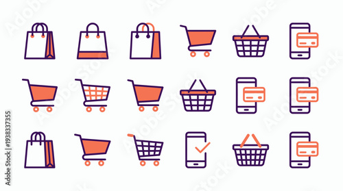 Collection of e-commerce icons including shopping bags, carts, baskets and mobile payment concepts for online store interface, digital marketing campaign and web design element