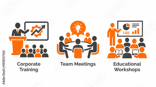 Business icons set showing corporate training, team meetings with idea lightbulb and workshop presentation by a manager, concept for education, seminar and coaching
