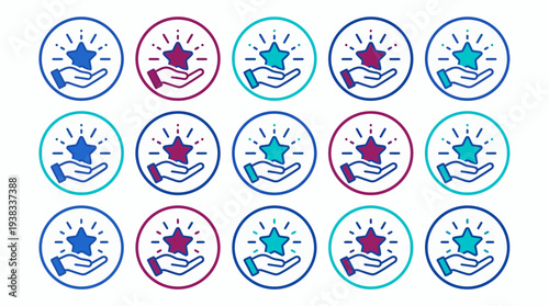 Set of diverse colored rating icons showing a hand offering a shining star, concept for customer satisfaction survey, quality assurance certification and user experience feedback