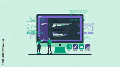 Software developers collaborating on a computer screen displaying code and wireframes, concept for web development project, digital transformation strategy and IT consulting service