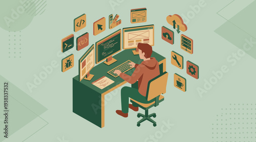 Isometric illustration of a software developer working on code and web design with floating icons, concept for programming tutorial, technology blog and IT services marketing