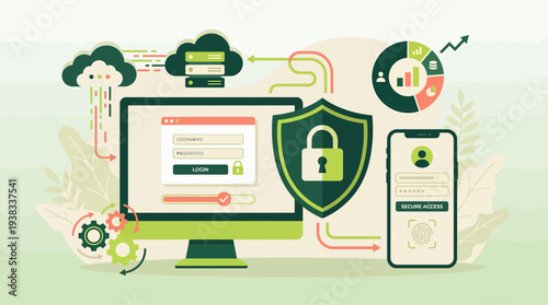 Digital security concept with desktop login form, shield icon, mobile biometric access and cloud data flow, concept for cybersecurity strategy, data protection implementation and system authentication