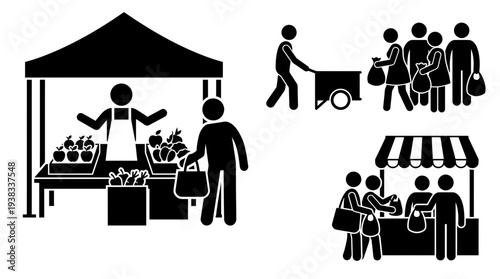 Black stick figure icons depicting farmers market vendor selling produce and customers shopping, concept for local commerce illustration, food retail design and outdoor activity graphic