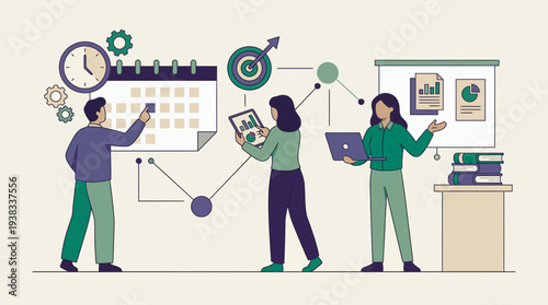 Three business professionals collaborating on project management schedule and data analysis, concept for strategy meeting, corporate training and workflow optimization