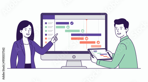 Smiling business analyst and project manager reviewing a Gantt chart timeline on a desktop monitor and tablet, concept for workflow management, progress tracking and task planning