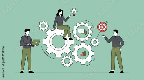 Business team collaborates with gears symbolizing process, idea and goal achievement, concept for project management, workflow optimization and startup strategy