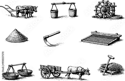 Vintage Engraving Rice Farming Tools Ox Plough Balance Scale Hand Mill Basket Illustration