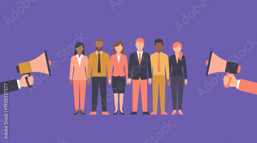 Diverse group of business professionals standing together while being addressed by megaphones, concept for public relations, team communication and corporate announcement