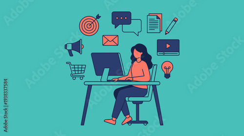 Female marketing manager working on computer surrounded by digital media icons, concept for online communication, content creation and target audience strategy