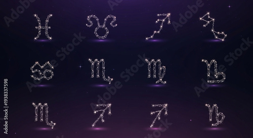 Collection of Zodiac Constellation Symbols Glowing on Dark Background.