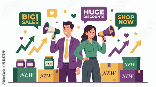 Marketing professionals announcing big sale and huge discounts with megaphones, concept for promotion strategy, product launch campaign and business growth announcement