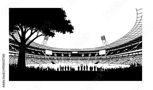 Panoramic Stadium with Crowd and Tree Vector Illustration for Events