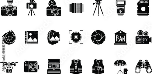 Collection of black and white icons related to photography and film