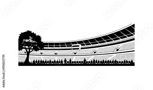 Minimal Stadium Scene with Crowd and Tree Vector Illustration