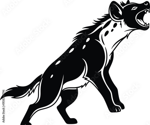A black and white illustration of a spotted hyena standing and yawning